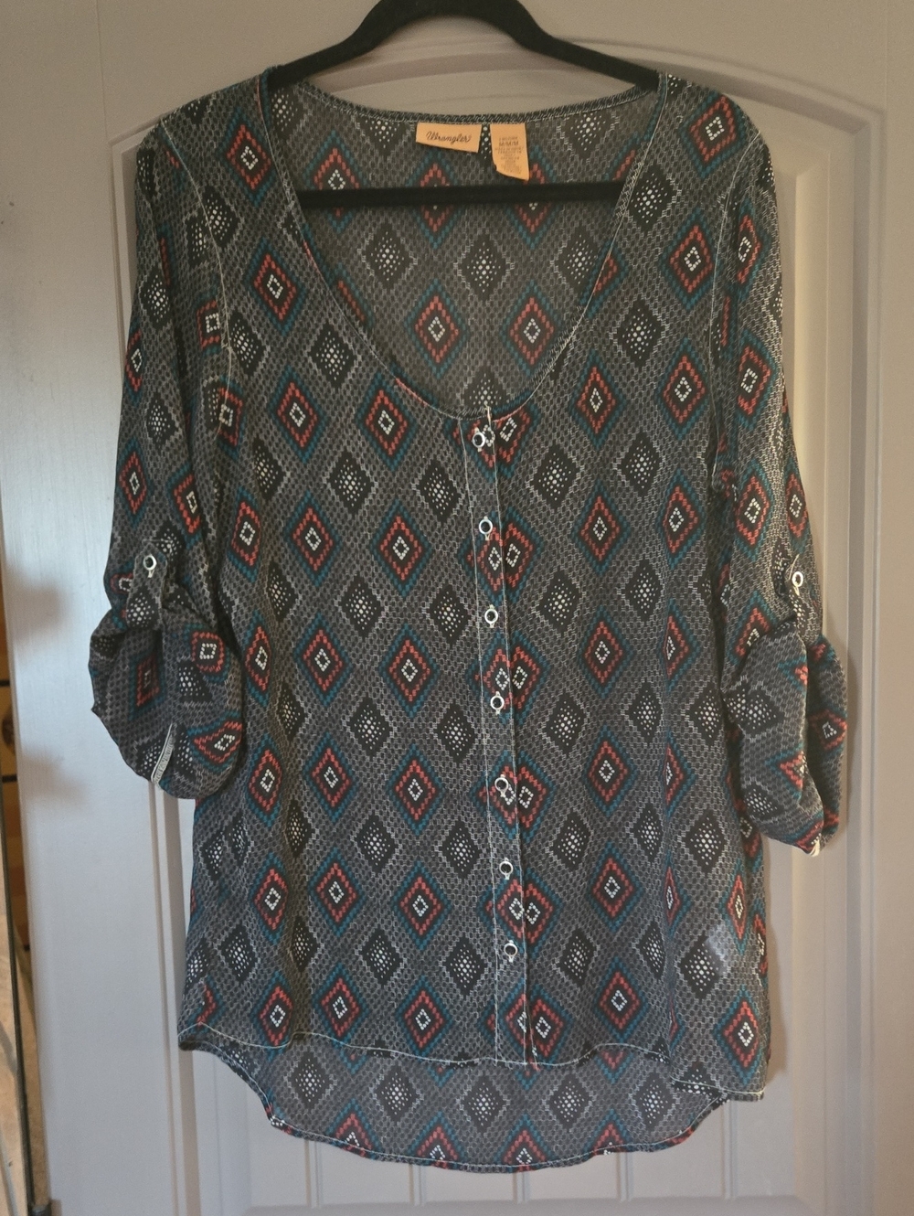 Wrangler semi sheer Black/ Red/ Turquoise Southwest print Blouse